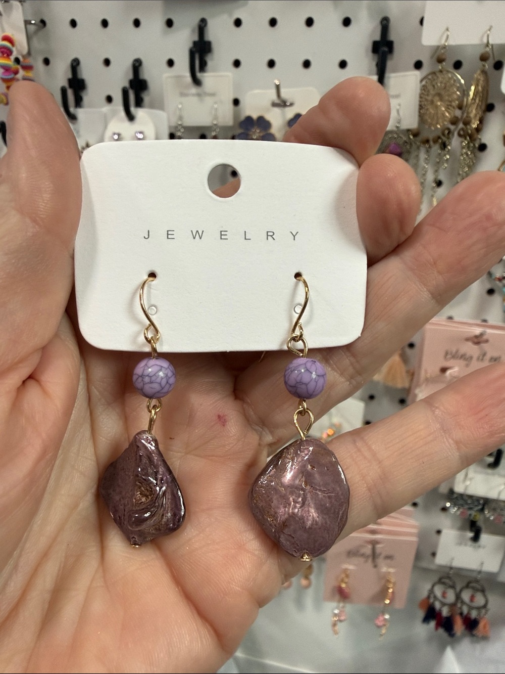New in🤩AMETHYST STONE DANGLE DROP HOOK EARRINGS MARBLE BEAD GOLD HEALING